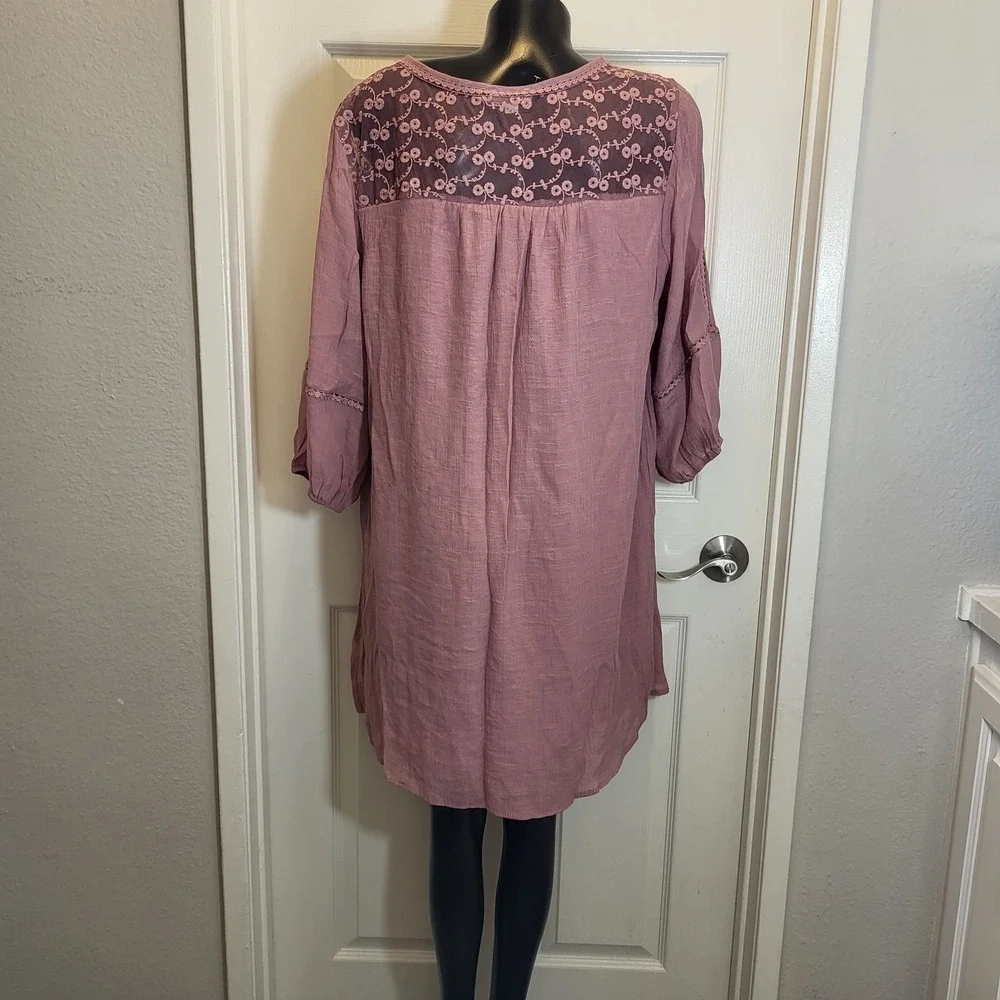 Boho Lace Yoke V-Neck Tunic Dress - Dusty Rose